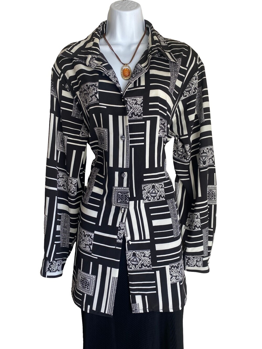 VTG Yves St. Clair 2 Plus Size 18 Black White Geometric Button Up Tunic Blouse